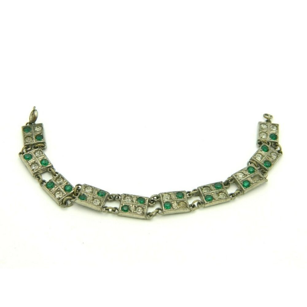 Art Deco Silver Tone Pot Metal Green Clear Rhinest